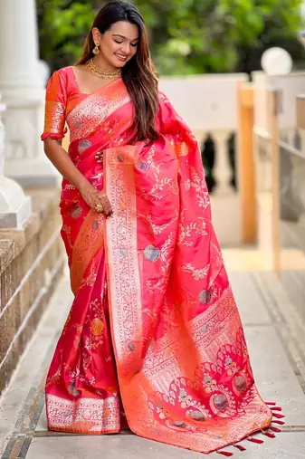 Gajri faux banarasi art silk blend woven meenakari saree