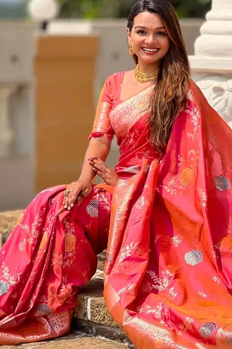 Gajri faux banarasi art silk blend woven meenakari saree