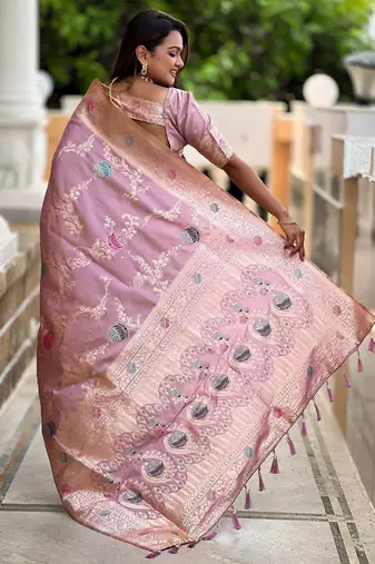 Lavender faux banarasi art silk blend woven meenakari saree