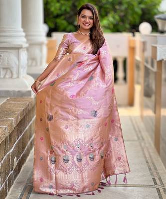 Lavender faux banarasi art silk blend woven meenakari saree 4