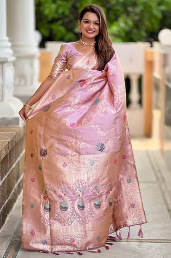 Lavender faux banarasi art silk blend woven meenakari saree
