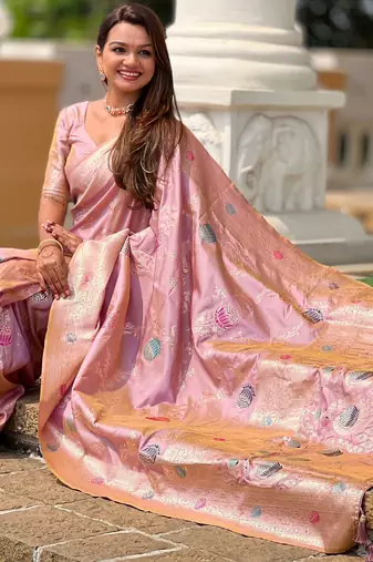 Lavender faux banarasi art silk blend woven meenakari saree