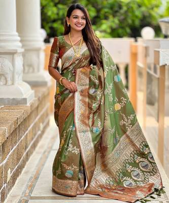 Mahendi faux banarasi art silk blend woven meenakari saree 1