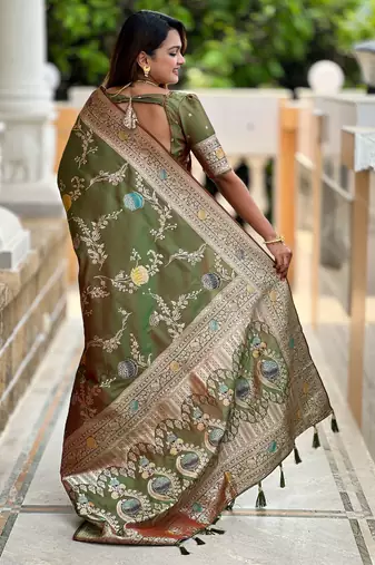 Mahendi faux banarasi art silk blend woven meenakari saree