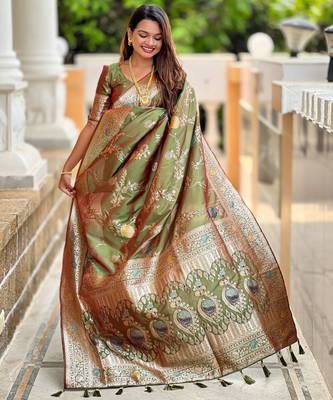 Mahendi faux banarasi art silk blend woven meenakari saree 4