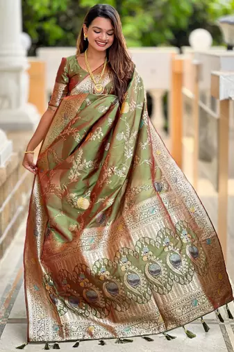 Mahendi faux banarasi art silk blend woven meenakari saree