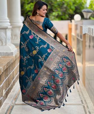 Teal blue faux banarasi art silk blend woven meenakari saree 2