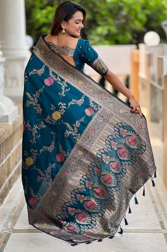Teal blue faux banarasi art silk blend woven meenakari saree