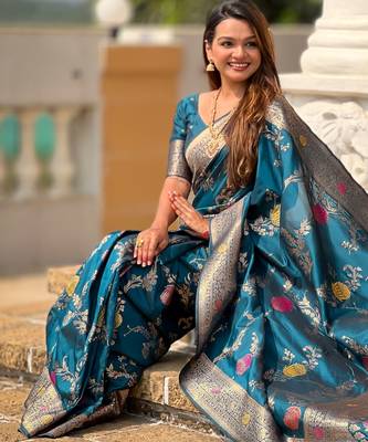 Teal blue faux banarasi art silk blend woven meenakari saree 5