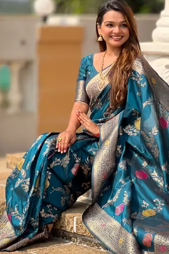 Teal blue faux banarasi art silk blend woven meenakari saree