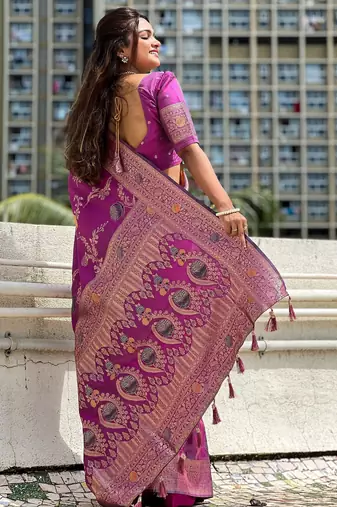 Onion faux banarasi art silk blend woven meenakari saree