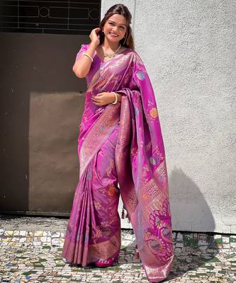 Onion faux banarasi art silk blend woven meenakari saree 4