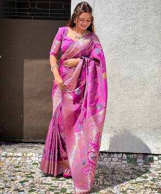 Onion faux banarasi art silk blend woven meenakari saree 5