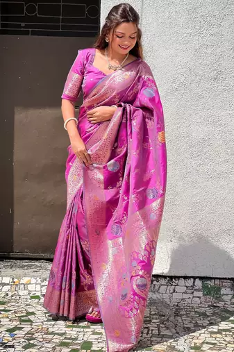 Onion faux banarasi art silk blend woven meenakari saree