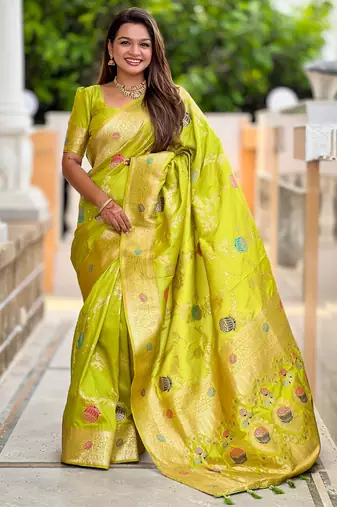 Parrot green banarasi art silk woven meenakari saree