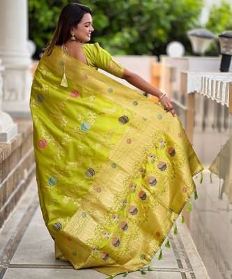 Parrot green faux banarasi art silk blend woven meenakari saree 2
