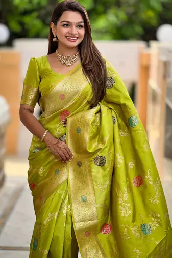 Parrot green faux banarasi art silk blend woven meenakari saree
