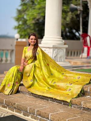 Parrot green faux banarasi art silk blend woven meenakari saree 5