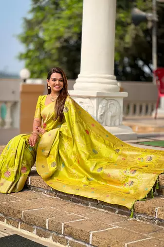 Parrot green faux banarasi art silk blend woven meenakari saree