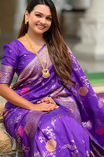 Purple faux banarasi art silk blend woven meenakari saree
