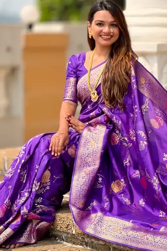 Purple faux banarasi art silk blend woven meenakari saree