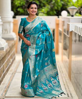 Sea green faux banarasi art silk blend woven meenakari saree 4