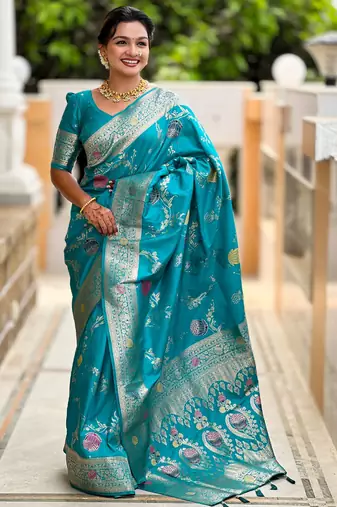 Sea green faux banarasi art silk blend woven meenakari saree