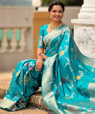 Sea green faux banarasi art silk blend woven meenakari saree 5