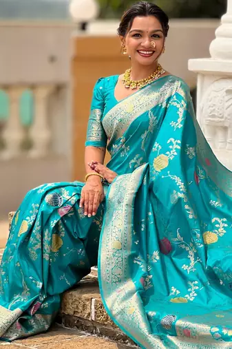 Sea green faux banarasi art silk blend woven meenakari saree