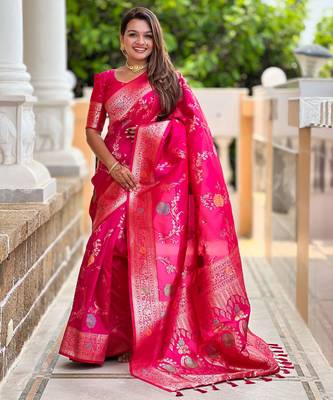 Pink faux banarasi art silk blend woven meenakari saree 1