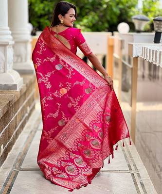 Pink faux banarasi art silk blend woven meenakari saree 2