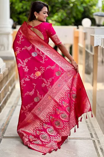 Pink faux banarasi art silk blend woven meenakari saree