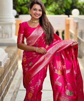 Pink faux banarasi art silk blend woven meenakari saree 3