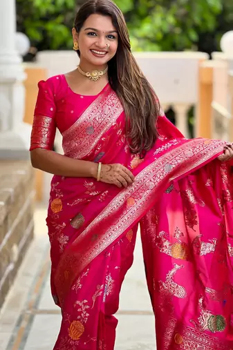Pink faux banarasi art silk blend woven meenakari saree
