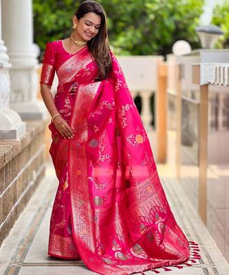 Pink faux banarasi art silk blend woven meenakari saree 4