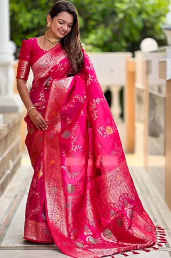 Pink faux banarasi art silk blend woven meenakari saree