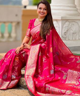 Pink faux banarasi art silk blend woven meenakari saree 5
