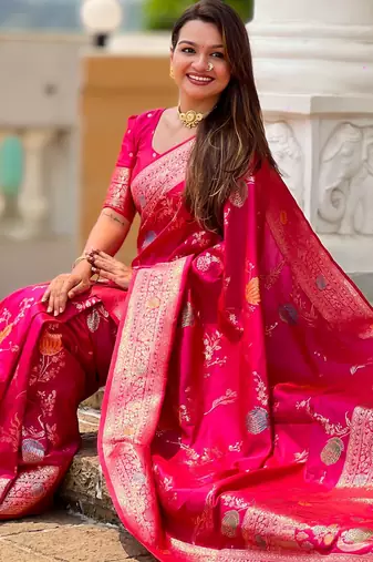 Pink faux banarasi art silk blend woven meenakari saree