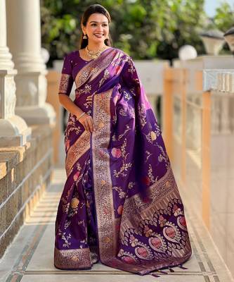 Violet faux banarasi art silk blend woven meenakari saree 1