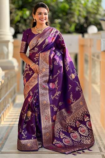 Violet banarasi art silk woven meenakari saree