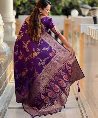 Violet faux banarasi art silk blend woven meenakari saree 2