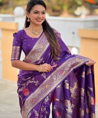 Violet faux banarasi art silk blend woven meenakari saree 3