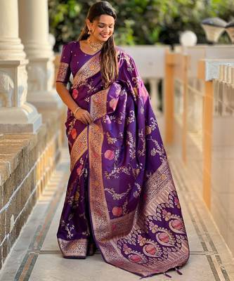 Violet faux banarasi art silk blend woven meenakari saree 4