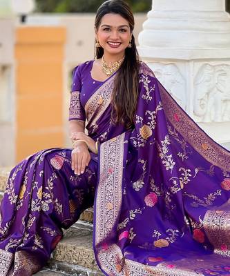 Violet faux banarasi art silk blend woven meenakari saree 5