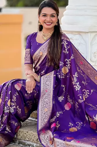 Violet faux banarasi art silk blend woven meenakari saree