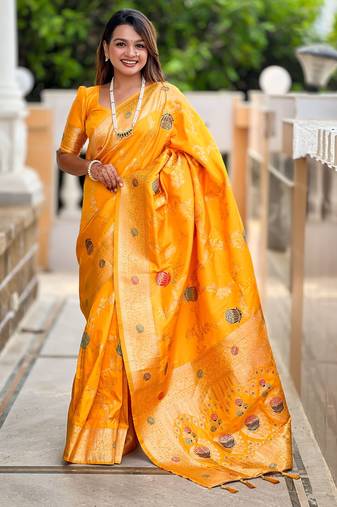 Yellow banarasi art silk woven meenakari saree