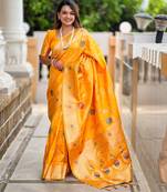 Yellow banarasi art silk woven meenakari saree