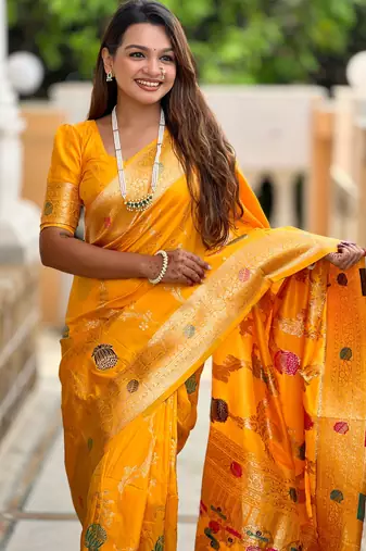 Yellow faux banarasi art silk blend woven meenakari saree