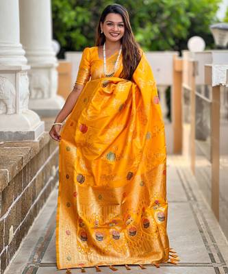 Yellow faux banarasi art silk blend woven meenakari saree 4