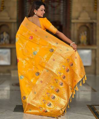 Yellow faux banarasi art silk blend woven meenakari saree 5